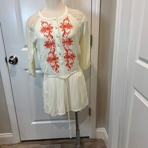 Miss Me Cream Lace Yoke Embroidered Tunic‎ Shirt Dress Belted Women's Small